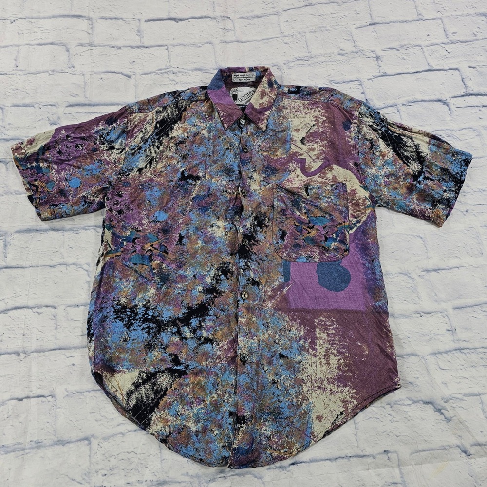 Goouch Button Shirt Mens S Purple Abstract Splatter 90s Vintage Rayon